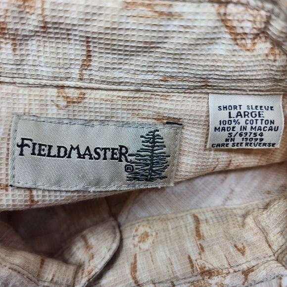 FieldMaster Vintage Cotton Short Sleeve Button-Down Beige Fishing Shirt Large - Picture 7 of 10